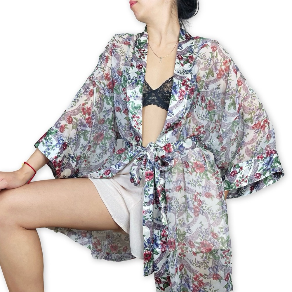Vintage Victoria's Secret Gold Label Earthy Retro Floral Kimono Robe One Size